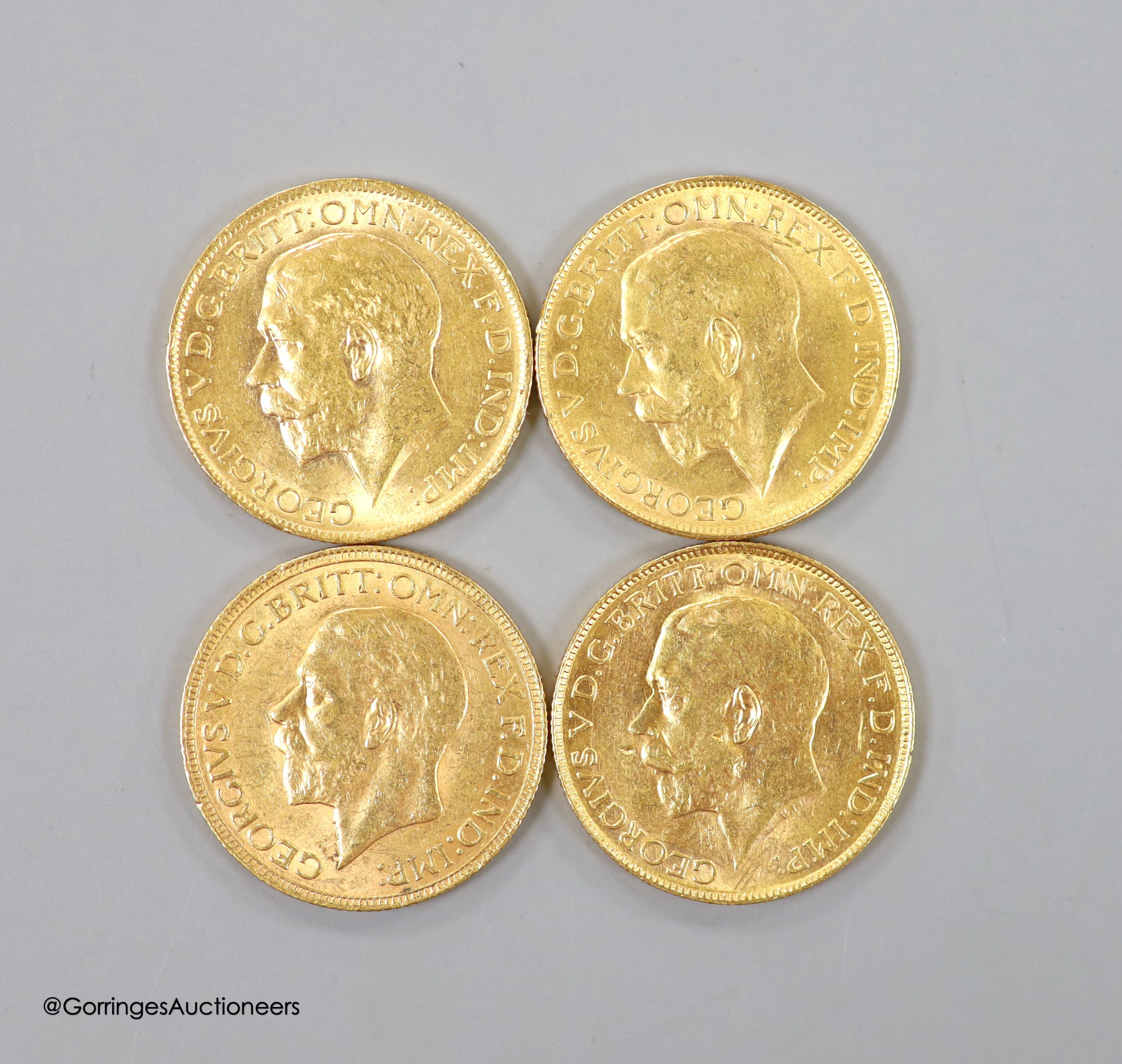 Four George V gold sovereigns, 1912, 1917P, 1928SA and 1930SA